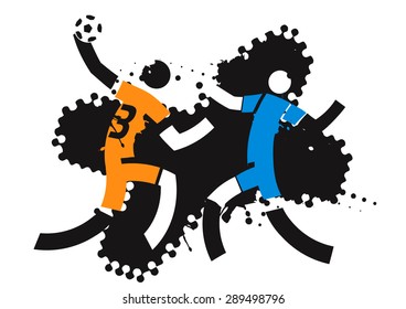 Handball match.
Two stylized handball players on the grunge background. Vector illustration.