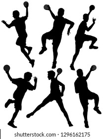 Handball player in action, attack shut in jumping vector silhouette illustration. Elegant body sport figure, boy black shadow. Dynamic athlete jump and shooting penalty in goal. Sport man handball.