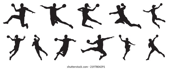 Handball player in action, attack shut in jumping vector silhouette illustration. 
