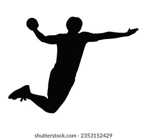 Handball player in action, attack shut in jumping vector silhouette illustration.