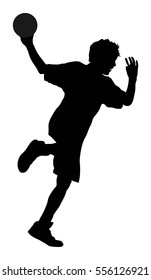 Handball player in action, attack shut in jumping vector silhouette illustration. Elegant body sport figure, boy black shadow. Dynamic athlete jump and shooting penalty in goal. Sport man handball.