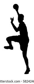 Handball player in action, attack shut in jumping vector silhouette illustration. Elegant body sport figure, black shadow. Dynamic athlete jump and shooting penalty in goal.