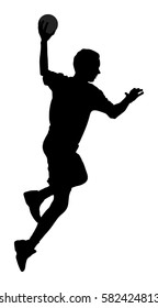 Handball player in action, attack shut in jumping vector silhouette illustration. Elegant  man body sport figure. Dynamic athlete jump and shooting penalty in goal. Sportsman, handball boy.