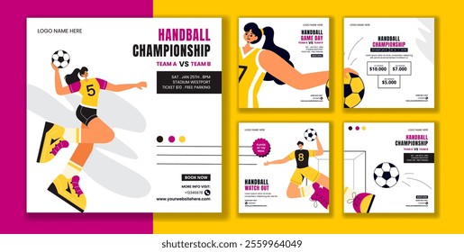 Handball Player Action Social Media Post Template in Flat Cartoon Style