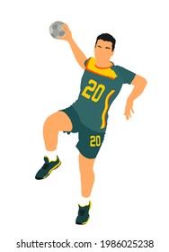 Handball player in action vector illustration. Elegant body sport figure. Dynamic athlete boy jump and shooting penalty in goal. Sport man handball attack target shut in jump.