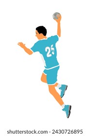 Handball player in action vector illustration isolated on white. Elegant body sport figure. Dynamic athlete boy jump and shooting penalty in goal. Sport man handball attack target shut in jump.