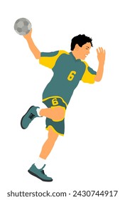 Jugador de balonmano en ilustración vectorial de acción aislado en blanco. Elegante figura del deporte del cuerpo. Dinámico chico atleta salto y tiro penal en la portería. Deporte hombre balonmano ataque objetivo cerrado en salto.