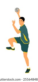 Handball player in action vector illustration isolated on white. Elegant body sport figure. Dynamic athlete boy jump and shooting penalty in goal. Sport man handball attack target shut in jump.