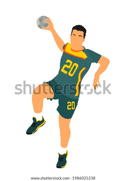 Handball player in\
action vector illustration. Elegant body sport figure. Dynamic\
athlete boy jump and shooting penalty in goal. Sport man handball\
attack target shut in\
jump.