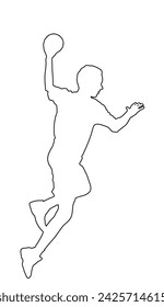 Handballspieler in Aktion Vektor Linie Kontur Illustration isoliert. Elegante Körpersportfigur. Sportler Junge springen und schießen Elfmeter im Tor. Sport Mann Handball Silhouette Angriff Ziel im Sprung geschlossen.