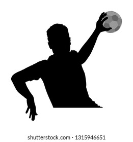 Handball player in action vector silhouette illustration. Elegant body sport figure, boy black shadow. Dynamic athlete jump and shooting penalty in goal. Sport man handball attack target shut in jump,