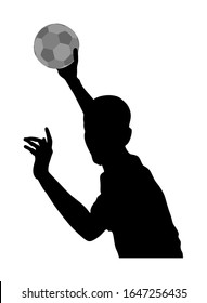 Handball player in action vector silhouette illustration. Elegant body sport figure, boy black shadow. Dynamic athlete jump and shooting penalty in goal. Sport man handball attack target shut in jump,