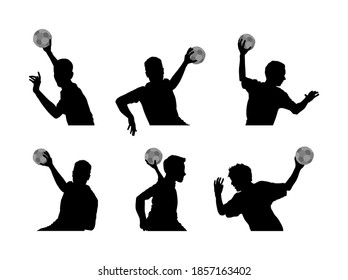 Handball player in action vector silhouette illustration. Elegant body sport figure, boy black shadow. Dynamic athlete jump and shooting penalty in goal. Sport man handball attack target shut in jump,