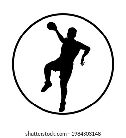 Handball player in action vector silhouette illustration. Elegant body sport figure, boy black shadow. Dynamic athlete jump and shooting penalty in goal. Sport man handball attack target shut in jump.