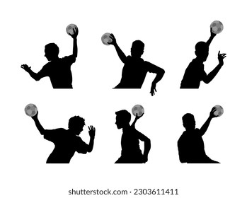 Handball player in action vector silhouette illustration. Body sport figure shape, boy black shadow. Dynamic athlete jump and shooting penalty in goal. Sport man handball attack target shut in jump.