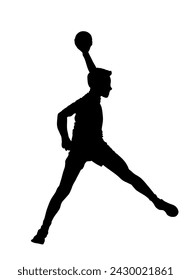 Handball player in action vector silhouette illustration. Elegant body sport figure, boy black shadow. Dynamic athlete jump and shooting penalty in goal. Sport man handball attack target shut in jump,