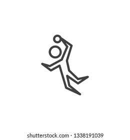 Handball player with ball line icon. linear style sign for mobile concept and web design. Handball athlete jump outline vector icon. Symbol, logo illustration. Pixel perfect vector graphics