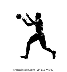 Balonmano jugador atrapando bola, silueta vectorial aislada, dibujo de tinta