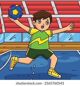 Handball Player doing a Jump Shot Colored Cartoon 