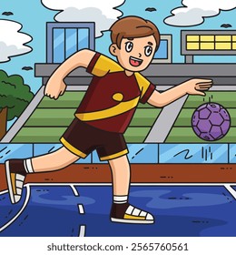 Handball Player Dribbling the Ball Colored Cartoon