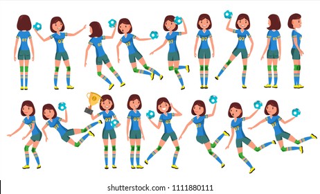 Handball Player Female Vector. Player In Attack. Corporate  Branding Identity. Isolated Flat Cartoon Character Illustration