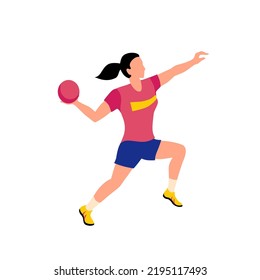 Handball player. Girl athlete handball player in uniform hitting the ball with his hands. Clipart for website about sports, handball. Vector flat illustration, cartoon style.