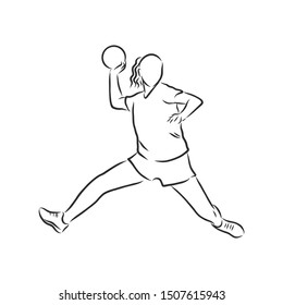 Handball player girl sketch,contour vector illustration 