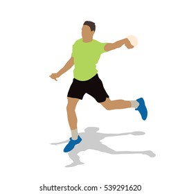 Handball player in green jersey jumping and throwing ball. Abstract vector illustration. Shadow silhouette