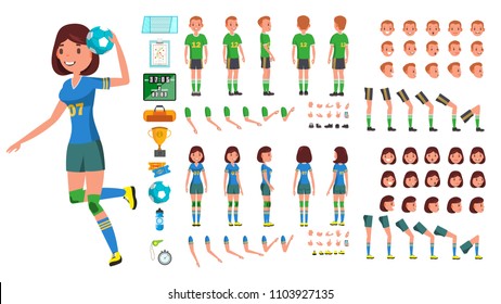 Handball Player Male, Female Vector. Animated Character Creation Set. Man, Woman Full Length, Front, Side, Back View, Accessories, Poses, Face Emotions, Gestures. Isolated Flat Cartoon Illustration