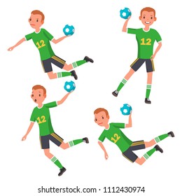 Handball Player Male Vector. Match Competition. Running, Jumping. Isolated Flat Cartoon Character Illustration
