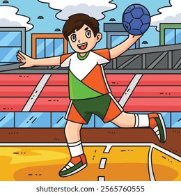 Handball Player Ready to Pass Ball Colored Cartoon