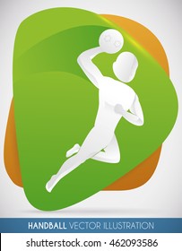 Handball player ready to score the victory goal and win the game in silhouette over abstract shape.