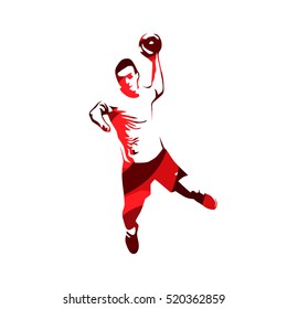 Handball player, red abstract vector silhouette