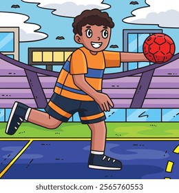 Handball Player Running with Ball Colored Cartoon