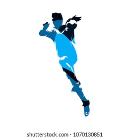 Handball player shooting ball, blue isolated vector silhouette