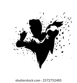 Handball player shooting ball, isolated vector silhouette dispersion effect. Handball logo, sports