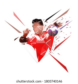 Handball player shooting ball, low polygonal geometric vector illustration. Handball isolated vector logo from triangles