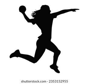 Handball player throwing ball - Female handball players isolated vector silhouette on white background.