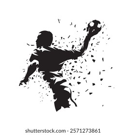 Handball player throwing ball, isolated vector silhouette with distortion effect. Handball logo