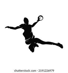 Handball player throwing ball - Male handball players isolated vector silhouette on white background