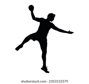 Handball player throwing ball and scoring goal.