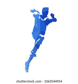 Handball player throwing ball, shooting on goal, abstract blue geometric silhouette