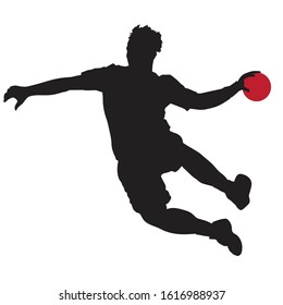 Handball player throwing the ball, silhouette off white background. Vector