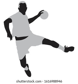 Handball player throwing the ball, silhouette off white background. Vector