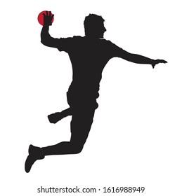 Handball player throwing the ball, silhouette off white background. Vector