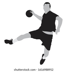 Handball player throwing the ball, silhouette off white background. Vector