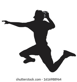 Handball player throwing the ball, silhouette off white background. Vector