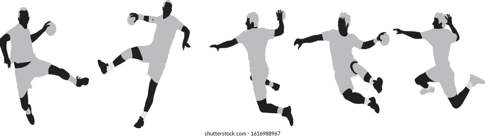 Handball player throwing the ball, silhouette off white background. Vector