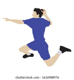 Handball player throwing the ball, silhouette off white background. Vector