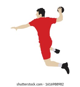 Handball player throwing the ball, silhouette off white background. Vector